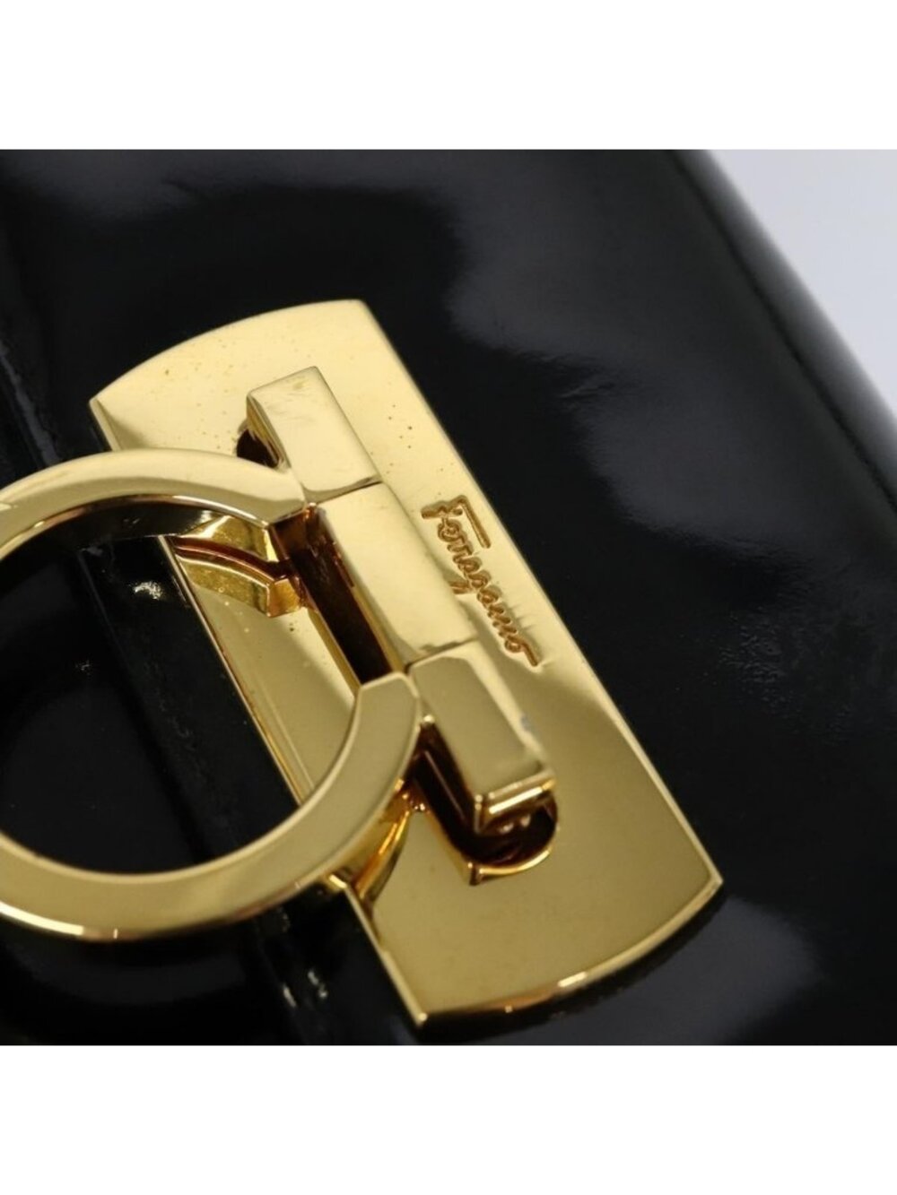 Authentic Salvatore Ferragamo Gancini Shoulder Bag Enamel Black Gold - Picture 16 of 16